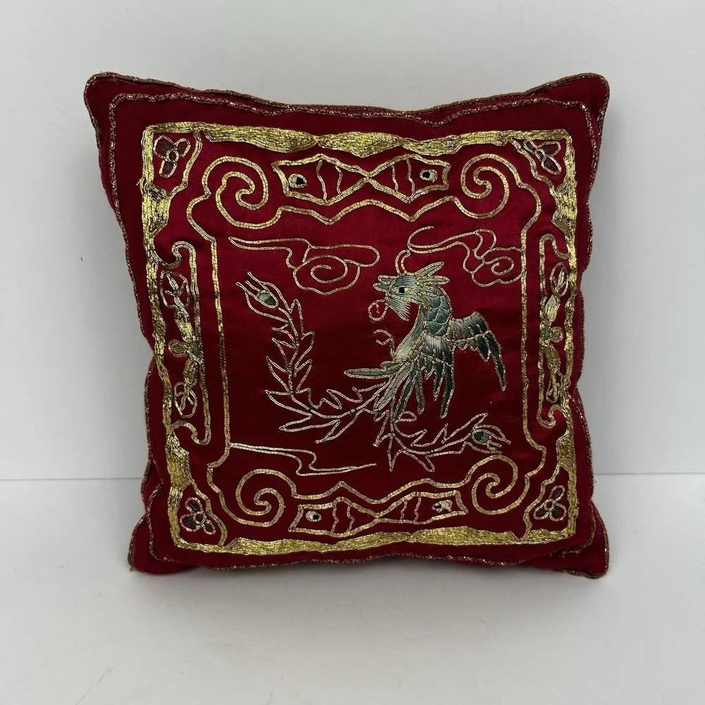 Vintage Red Silk Embroidered Chinese Phoenix Decorative Pillow Gold Thread Asian